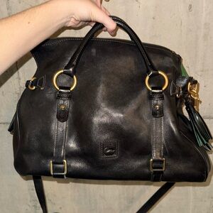 Dooney & Bourke Black Leather Satchel with Gold and Green Accents